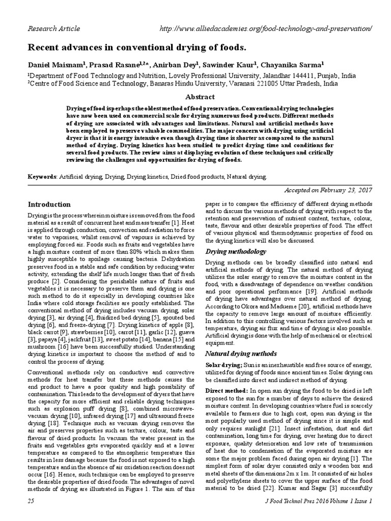 Recent Advances in Conventional Drying of Foods. PDF Freeze Drying Clothes Dryer