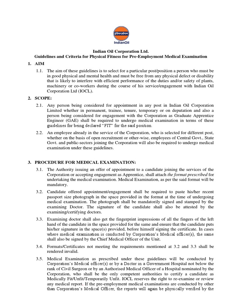 Guidelines and Criteria For Physical Fitness For Pre-Employment Medical ...