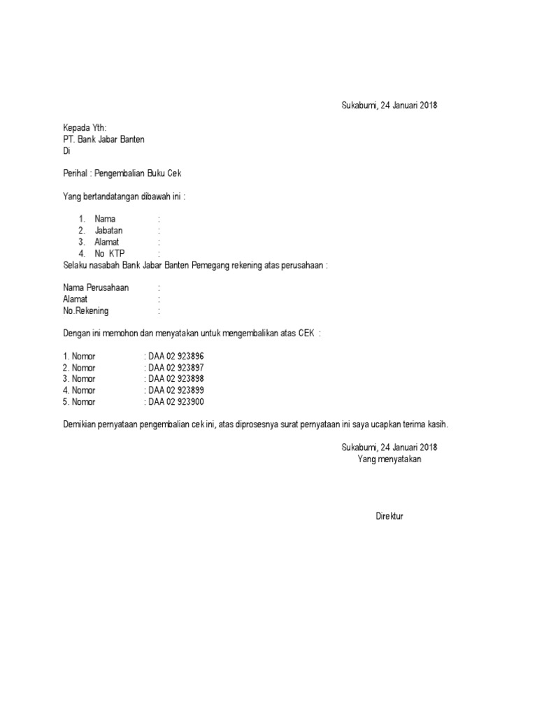 Surat Pengembalian Cek