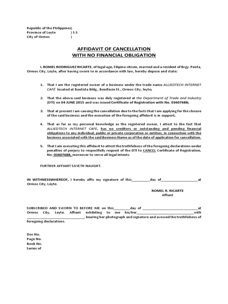Affidavit for DTI Business Cancellation | PDF