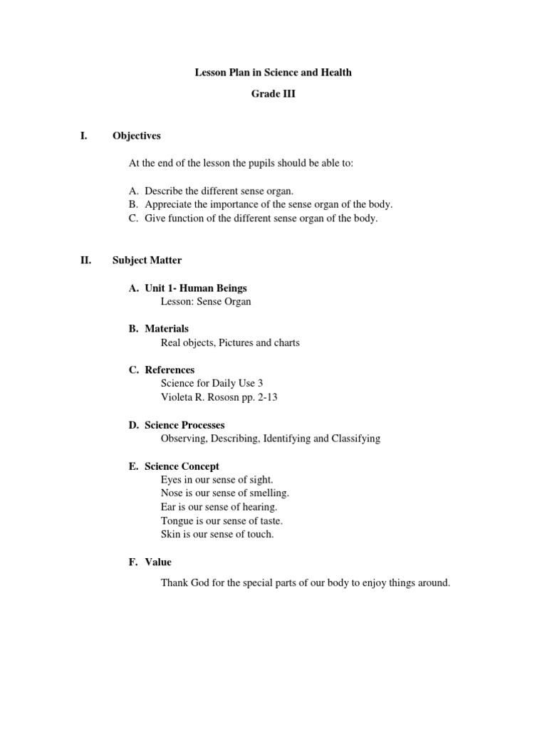 Grade 3 Science: Sense Organs Lesson Plan | PDF | Helen Keller | Senses