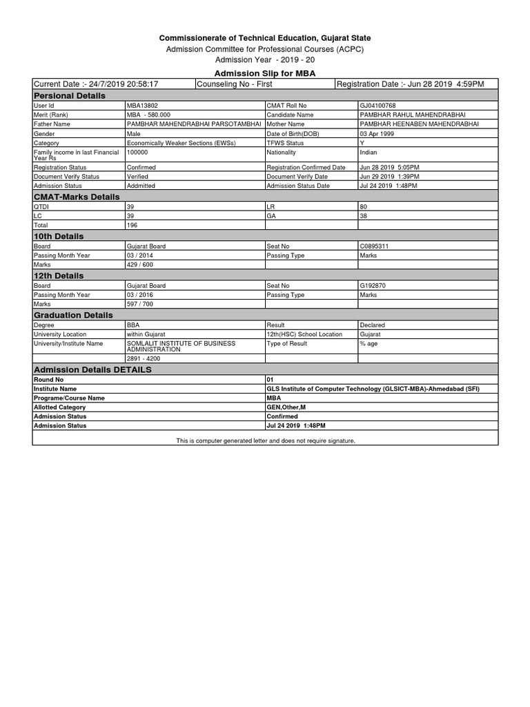 Admission Slip For MBA Persional Details: Admission Committee For