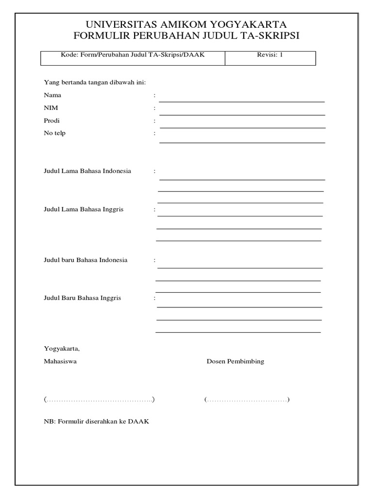 Formulir Perubahan Judul Ta Skripsi Pdf