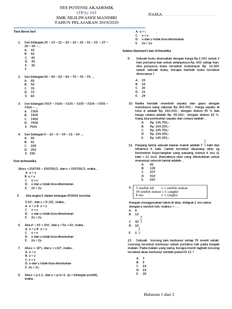 Soal Tes Masuk Ppdb