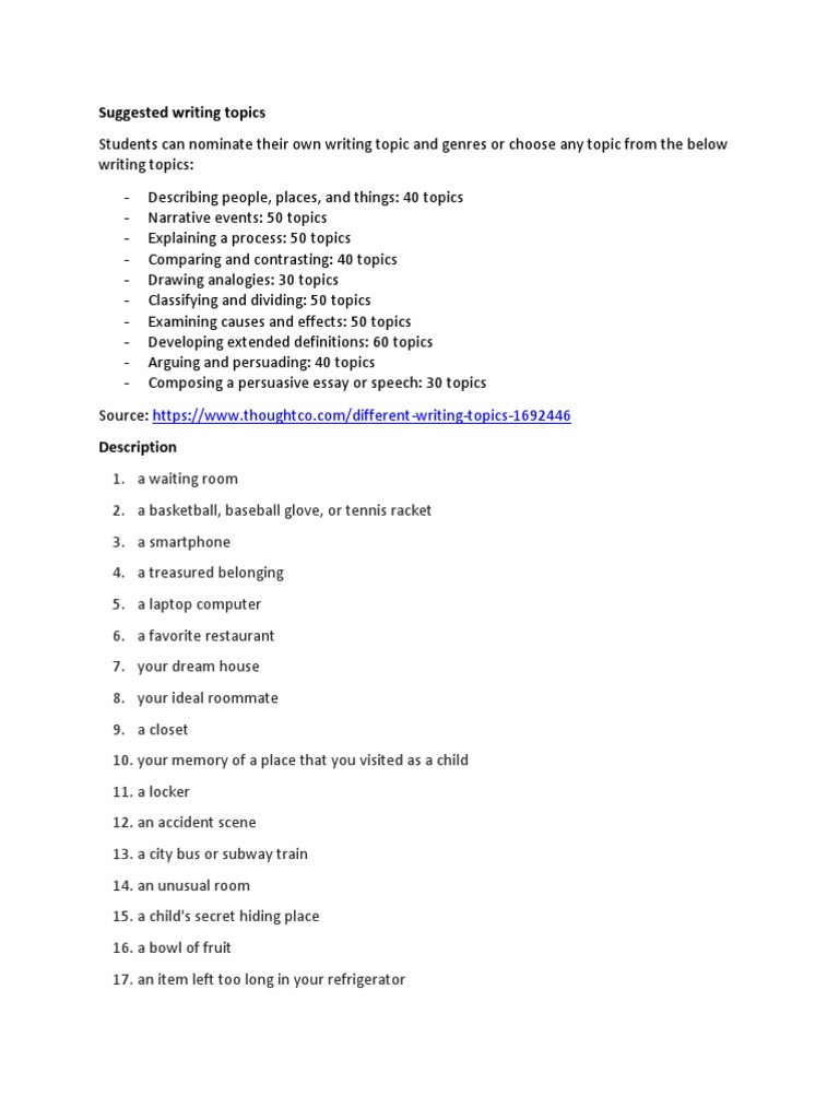 Comprehensive Writing Topic Ideas | PDF | International Student | The ...
