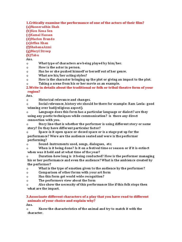 FTII Acting NOTES Questions and Answers Forms PDF Actor
