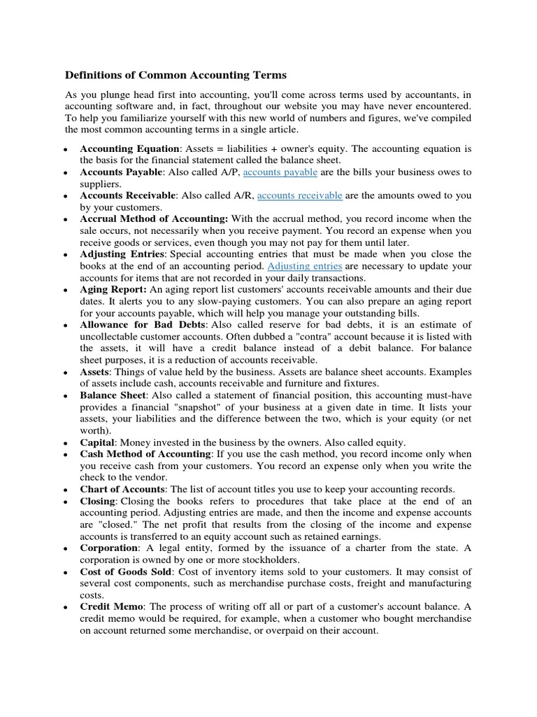 Definitions of Common Accounting Terms | PDF | Debits And Credits ...