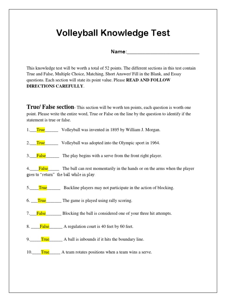 Knowledge Test Volleyball | PDF | Volleyball | Games Of Physical Skill