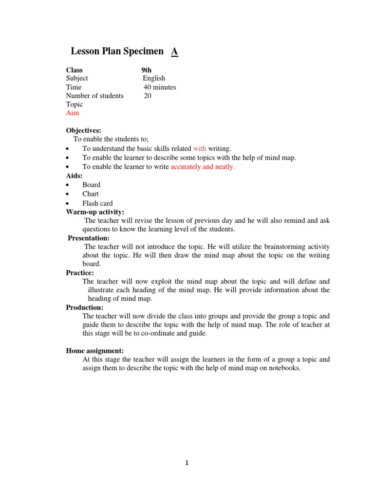 Lesson Plan Specimen A Class 9Th PDF Lesson Plan Educational