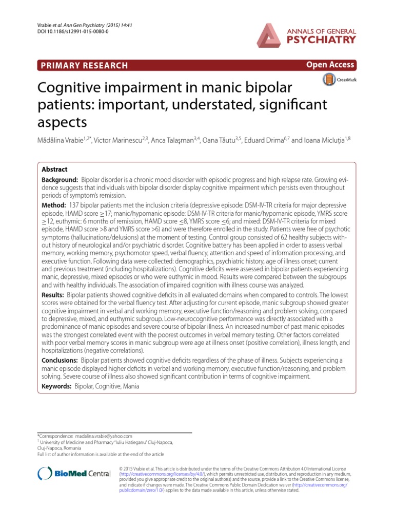 Cognitive Impairment in Manic Bipolar | PDF | Bipolar Disorder | Mania