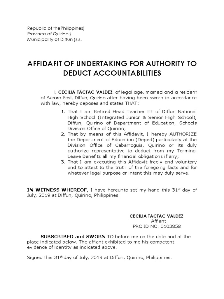 Affidavit of Undertaking For Authority To Deduct | PDF