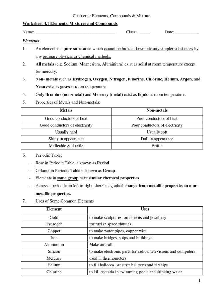 Elements, Compounds, Mixtures Worksheet  Chemical Substances Intended For Elements Compounds Amp Mixtures Worksheet