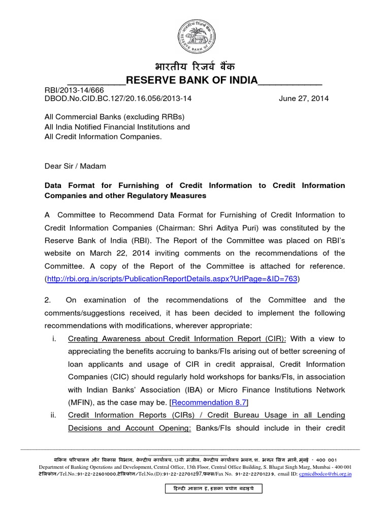 RBI Guidelines on Credit Information Data | PDF | Loans | Credit