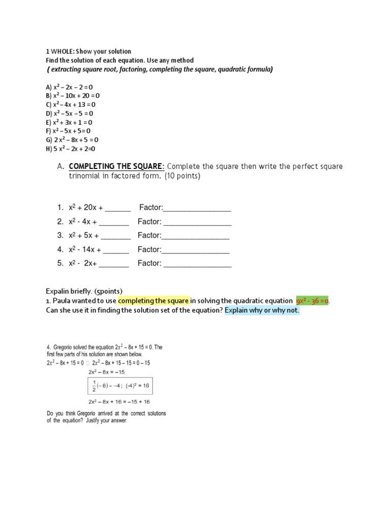 Extracting Square Root, Factoring, Completing The Square, Quadratic ...