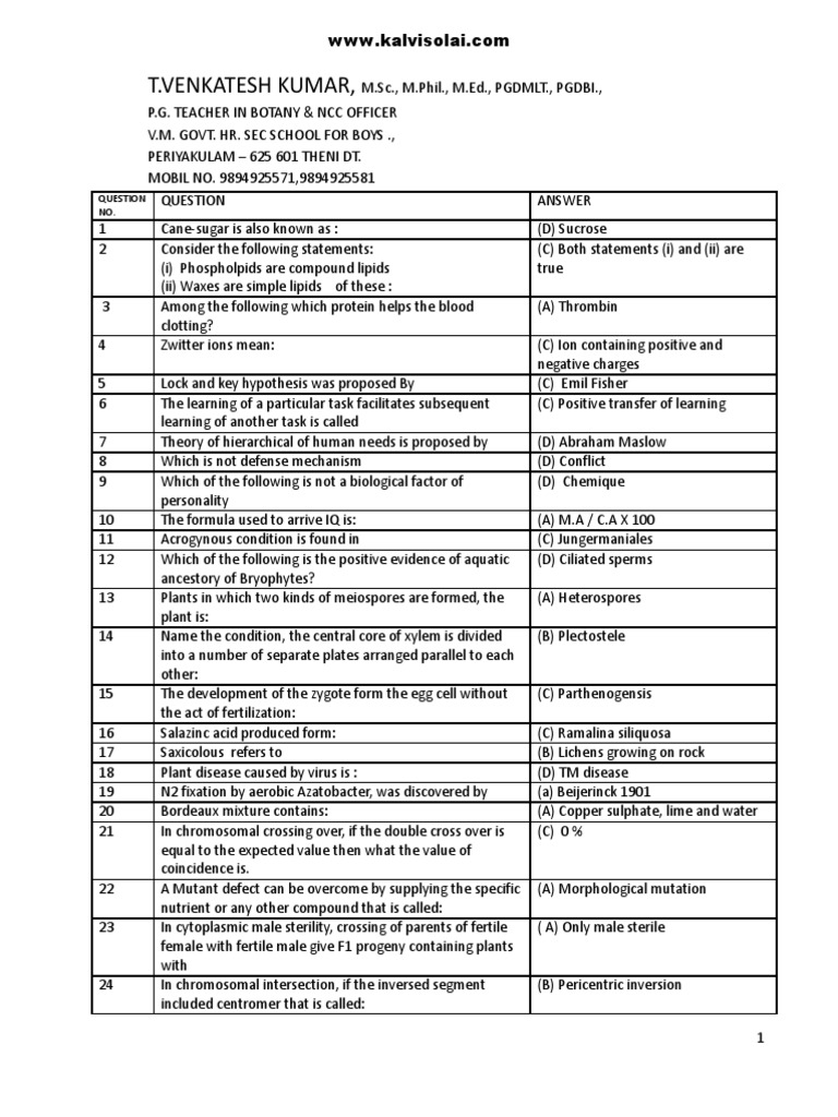 Botany PG TRB 2013 Answer Key PDF Biology Organisms