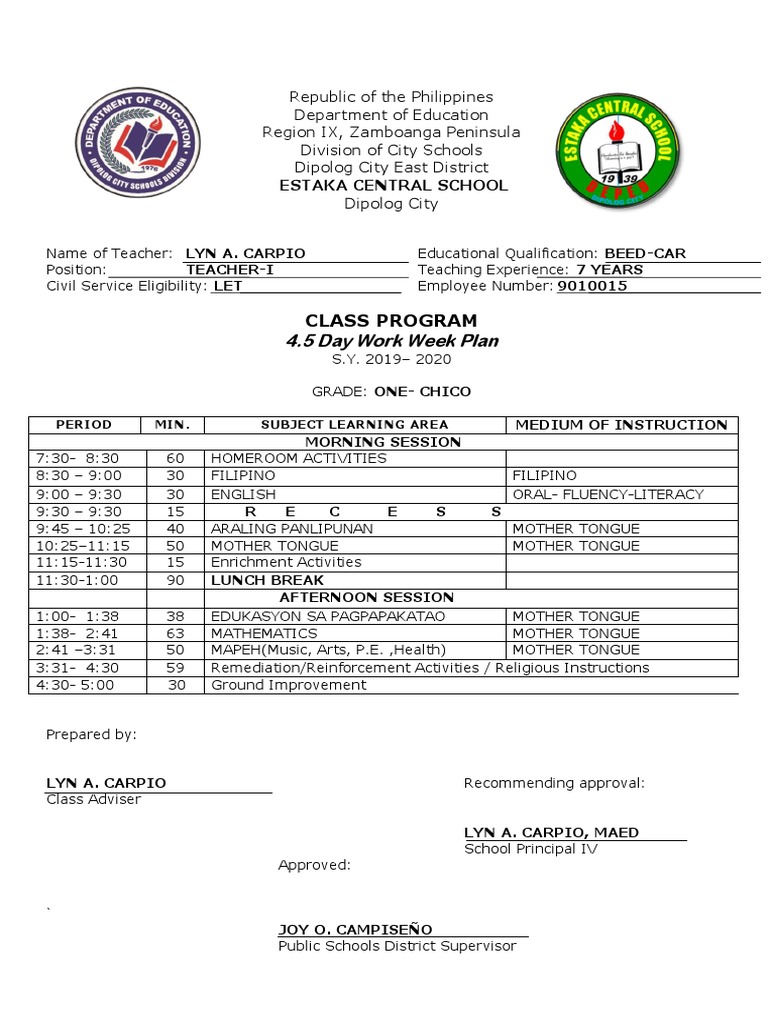 Estaka Central School Class Program 2019-2020 | PDF | Learning ...