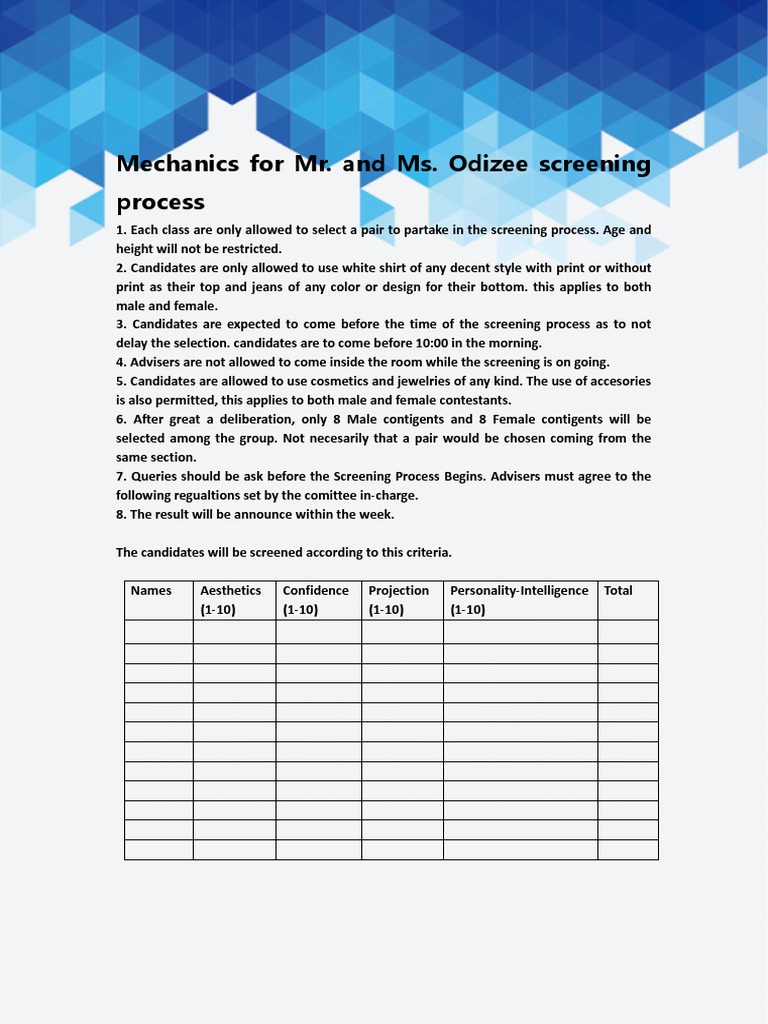 Mr. and Ms. Odizee Screening Guidelines | PDF | Career & Growth