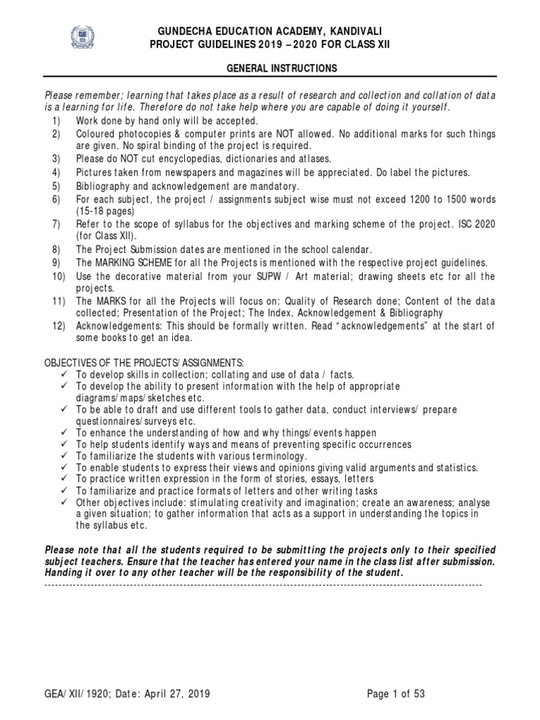 Gundecha Academy Class XII Project Guidelines | PDF | Partnership ...