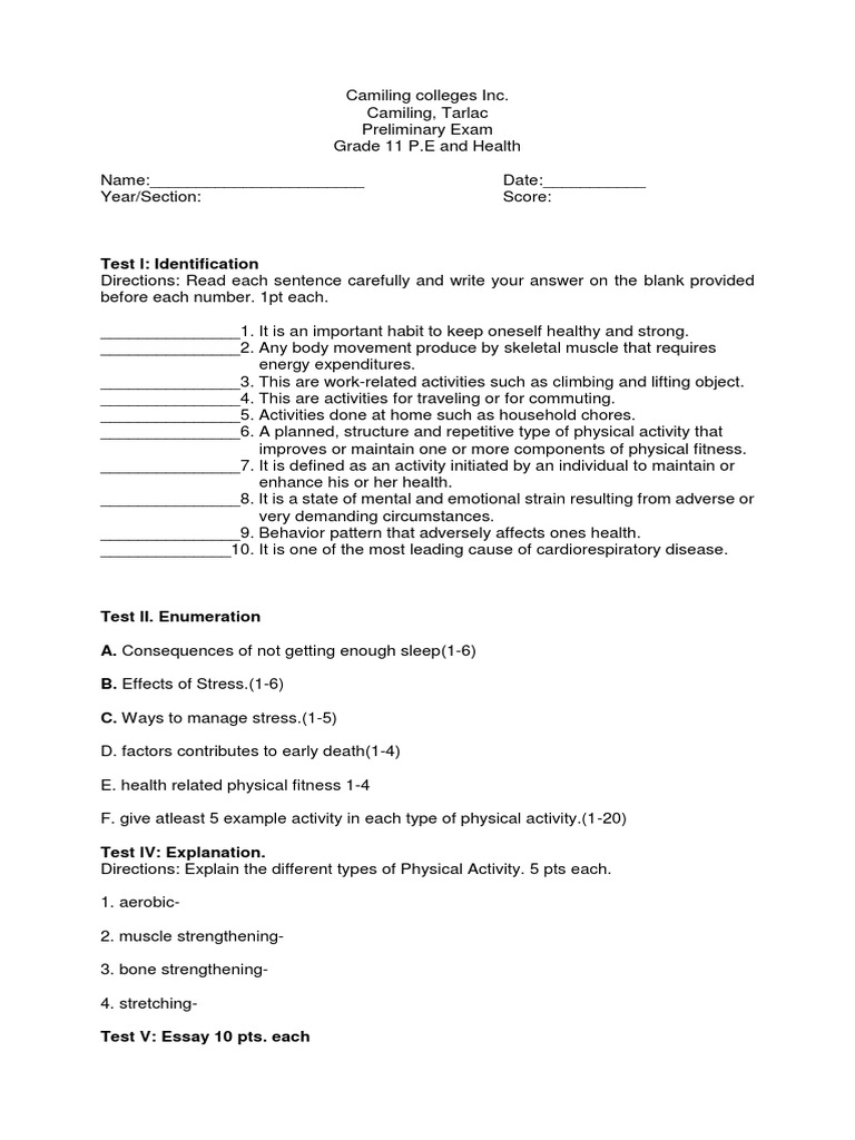 Grade 11 P.E. and Health Exam Guide | PDF