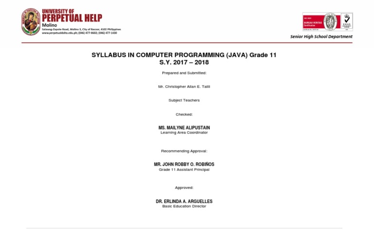 Syllabus in Computer Programming (Java) Grade 11 S.Y. 2017 - 2018 | PDF