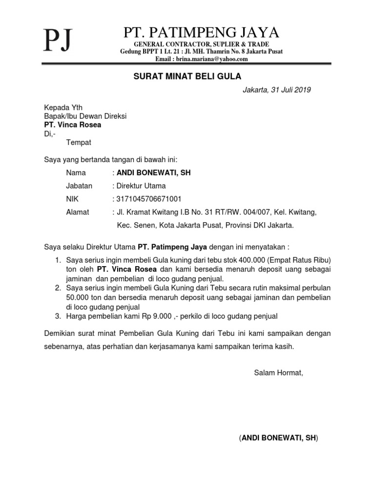 Surat Minat Beli Gula Kuning