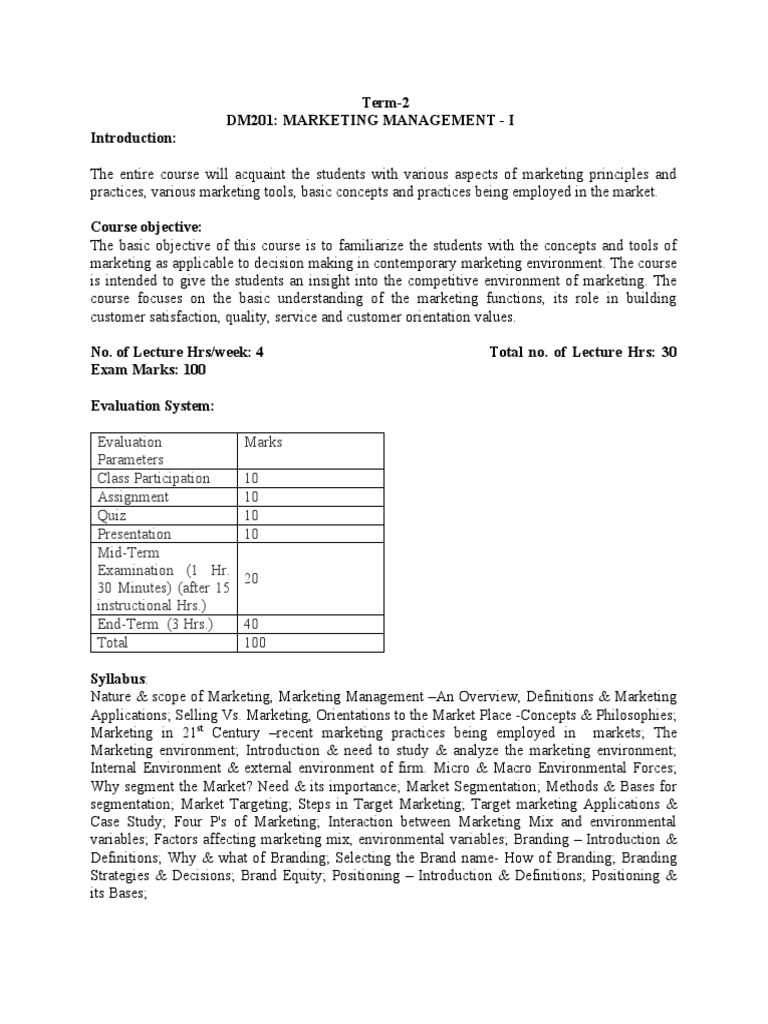 Marketing Management Course Overview | PDF | Marketing | Market ...