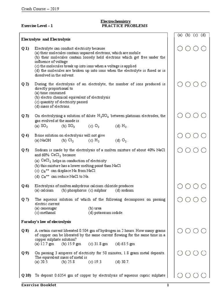 Electrochemistry Practice Problems | PDF | Electrochemistry | Electrolyte