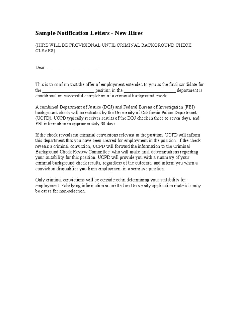 Sample Notification Letters New Hires PDF