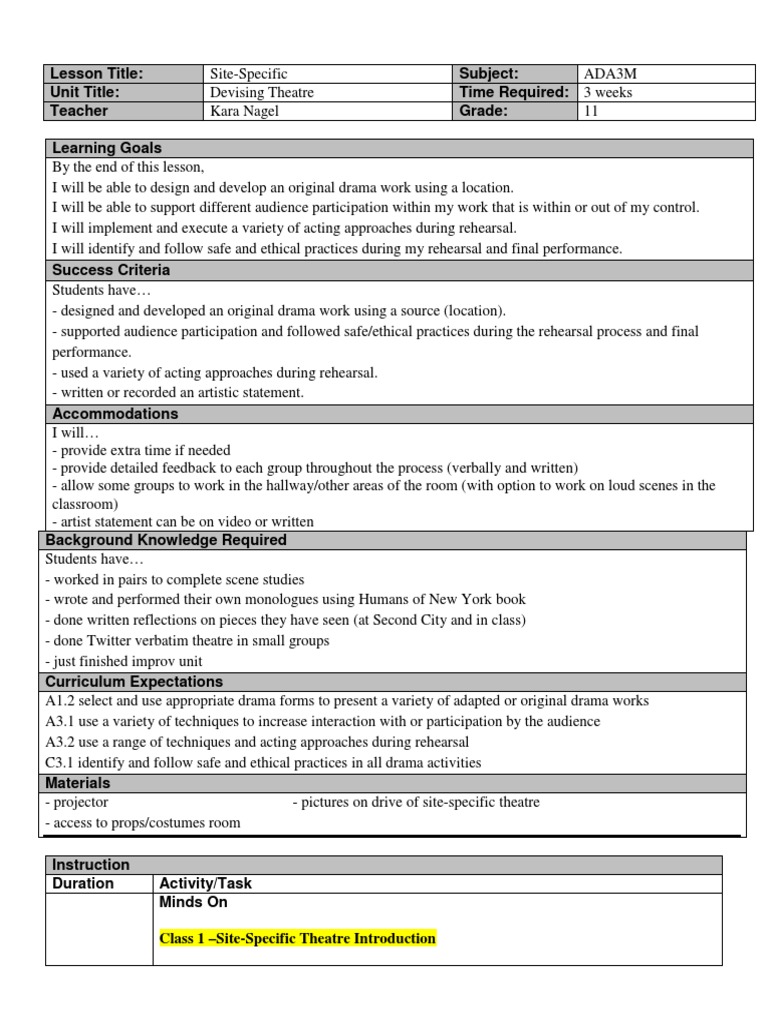 Site-Specific Mini-Unit | PDF | Teachers | Curriculum