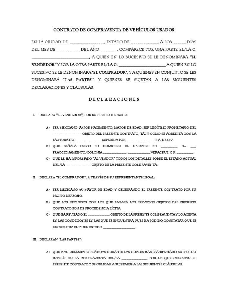Contrato De Compraventa De Vehículos Usados Factura