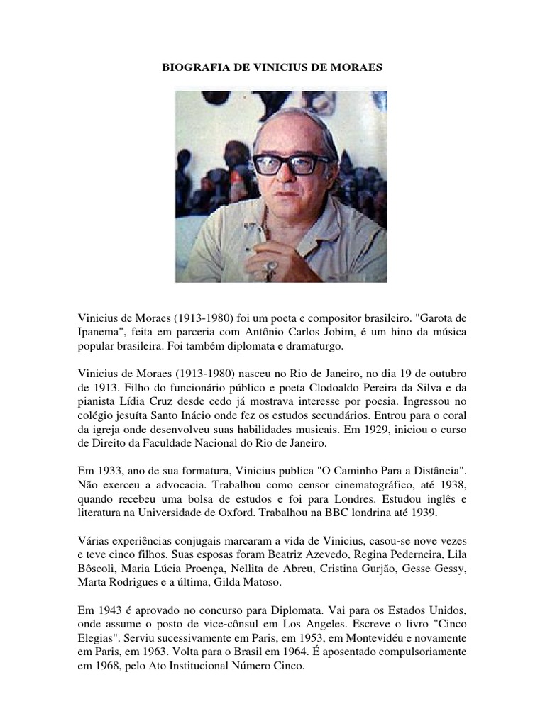 Biografia Resumida de Vinícius de Moraes | PDF | Poesia ...