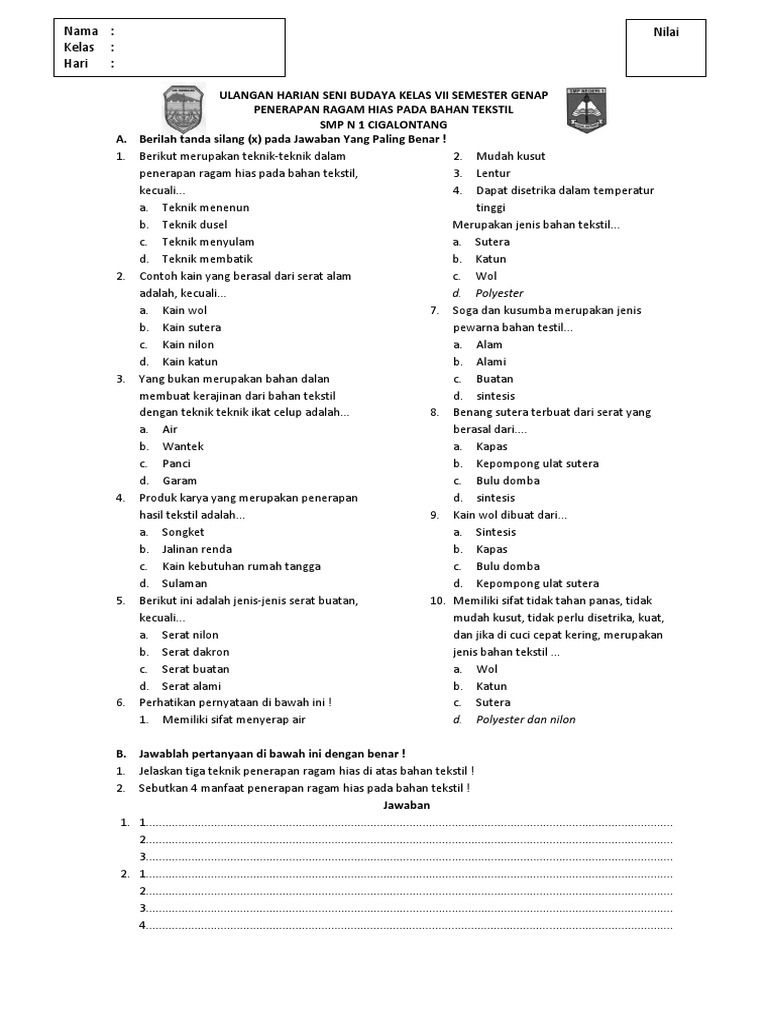 Ulangan Harian Seni Budaya Penerapan Ragam Hias Pada Bahan Tekstil