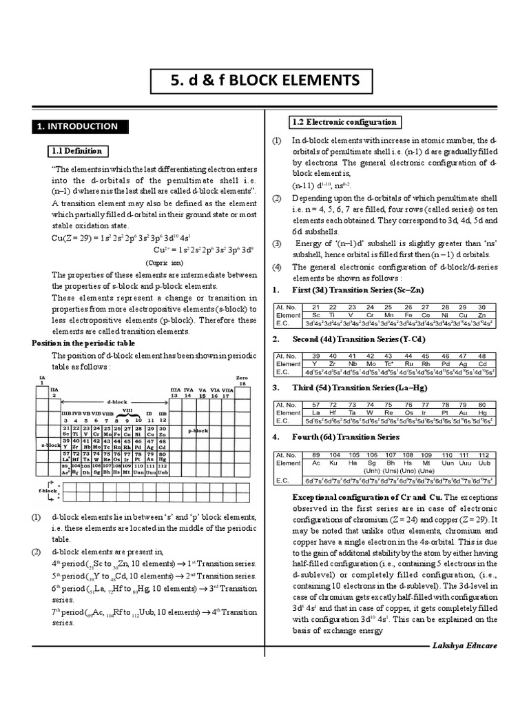 D and F Block Elements Overview | PDF | Transition Metals ...
