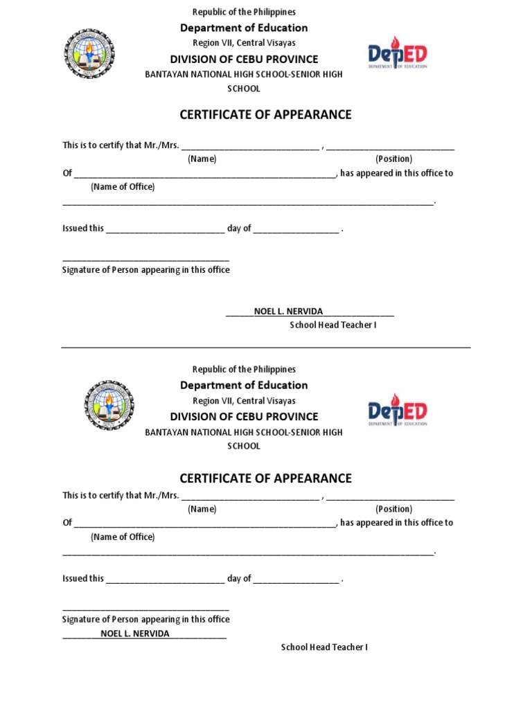 Certificate Of Appearance Template