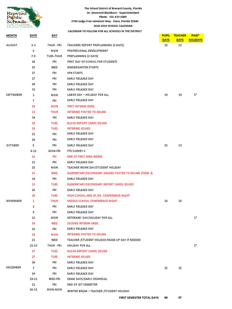 Brevard County School Calendar 2025-26 | PDF | Academic Term ...