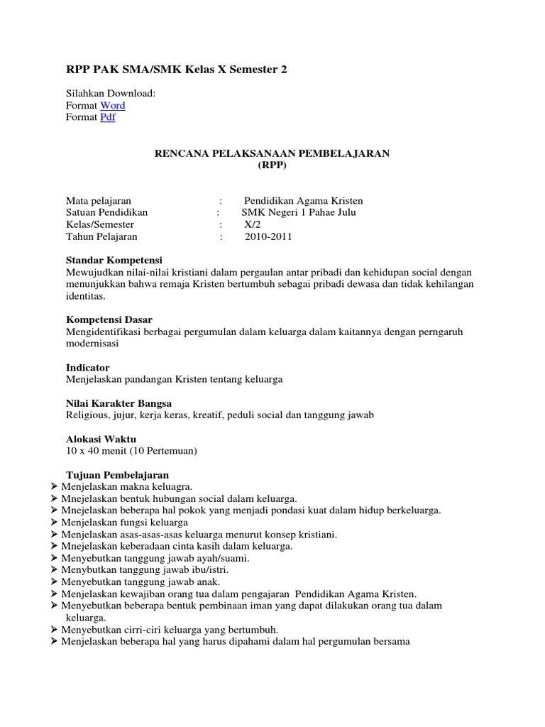 Rpp Pak Sma Kelas X Semester 2