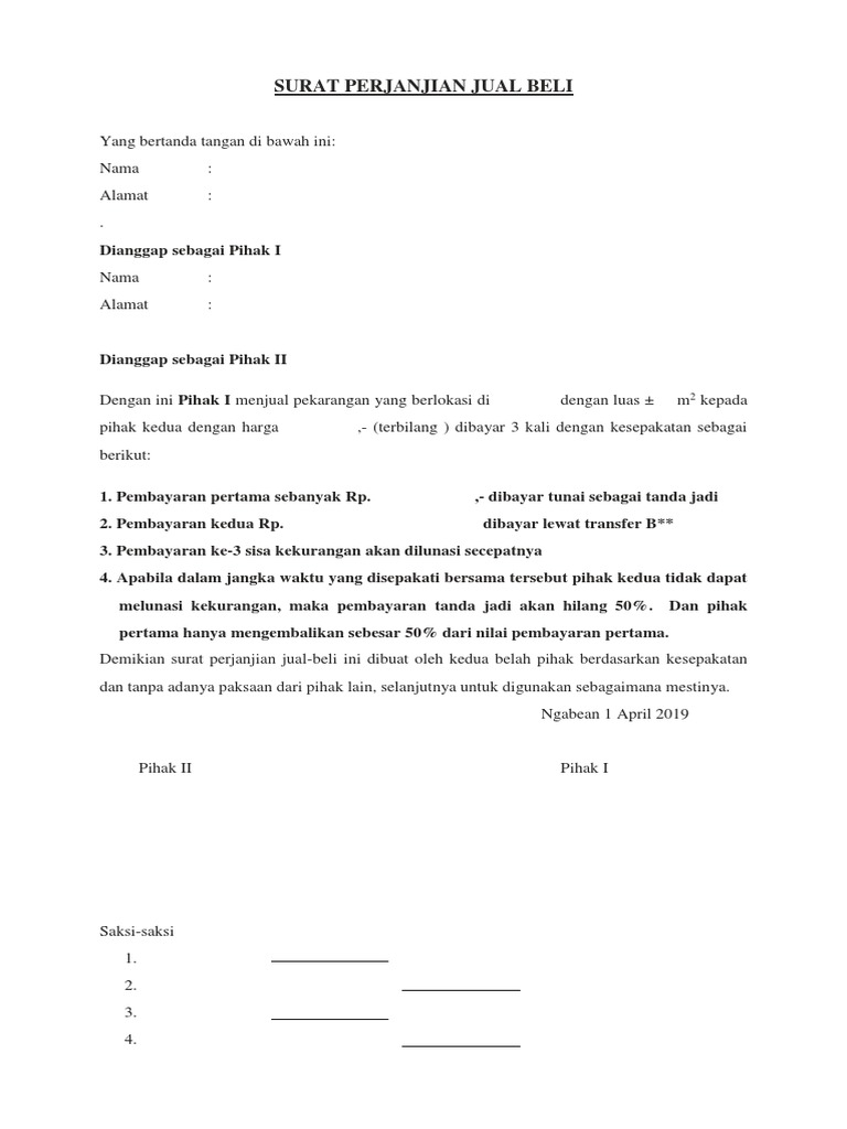 Contoh Surat Perjanjian Jual Beli Cicil 3x