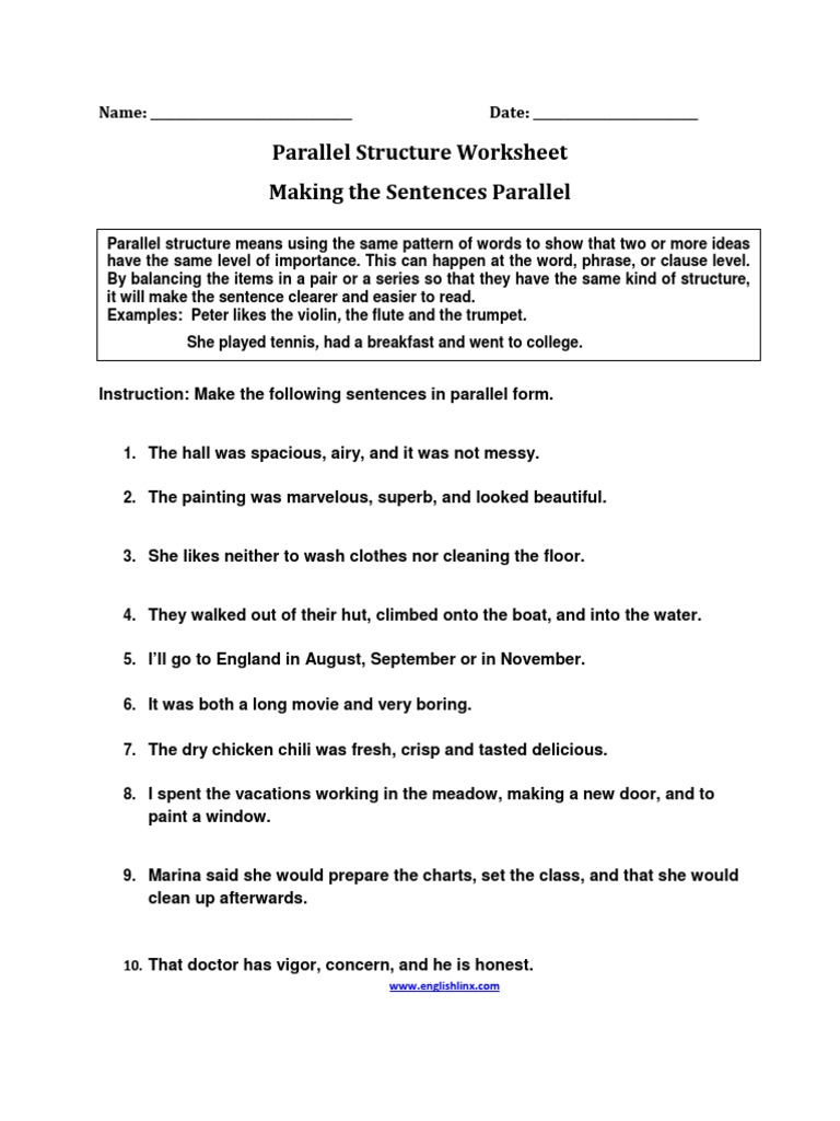Determining The Correct Parallel Structure Worksheet Semiotics Language Mechanics