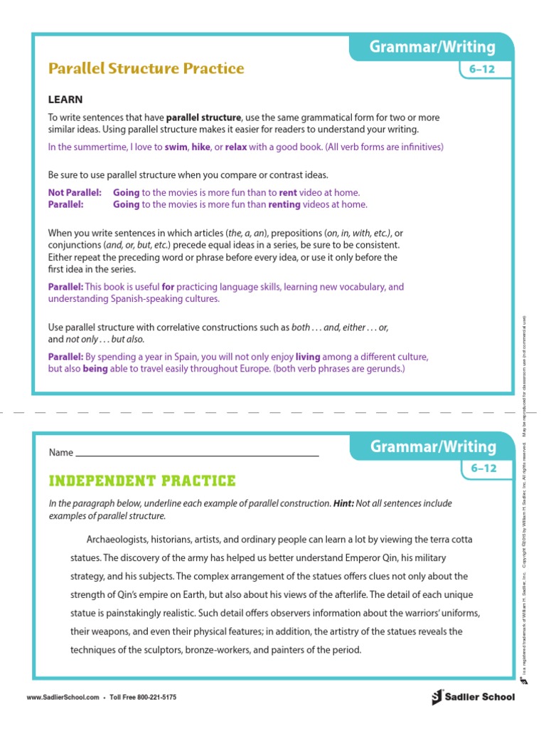 Parallel Structure Practice Activity Gr6 12 Phrase Sentence Linguistics