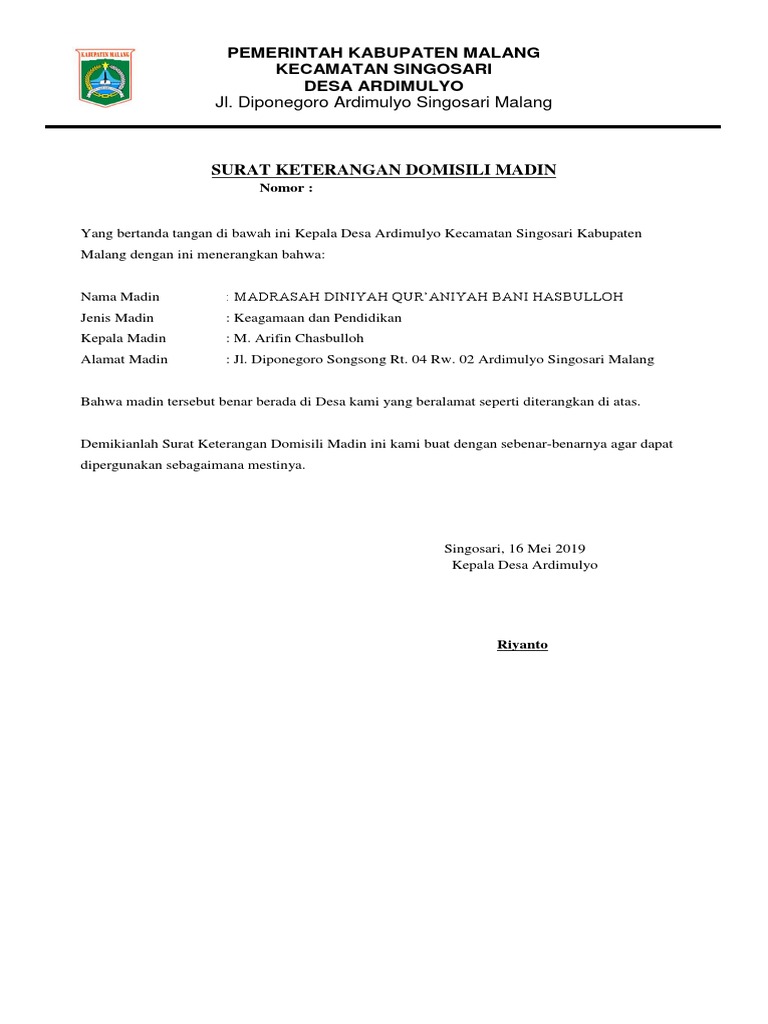 Surat Keterangan Domisili Madin