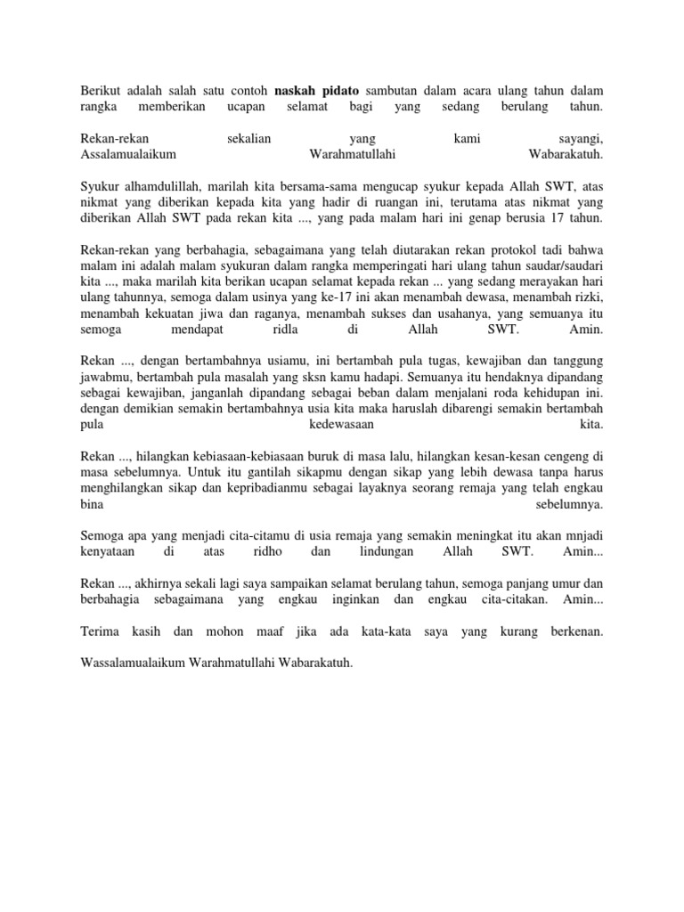 Berikut Adalah Salah Satu Contoh Naskah Pidato Sambutan Dalam Acara Ulang Tahun Dalam Rangka Memberikan Ucapan Selamat Bagi Yang Sedang Berulang Tahun