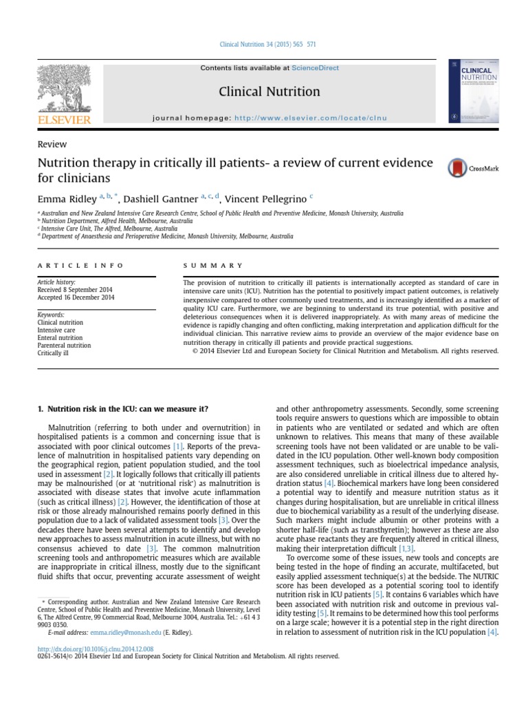 Nutrition Therapy in Critically Ill Patients A Review of Current ...