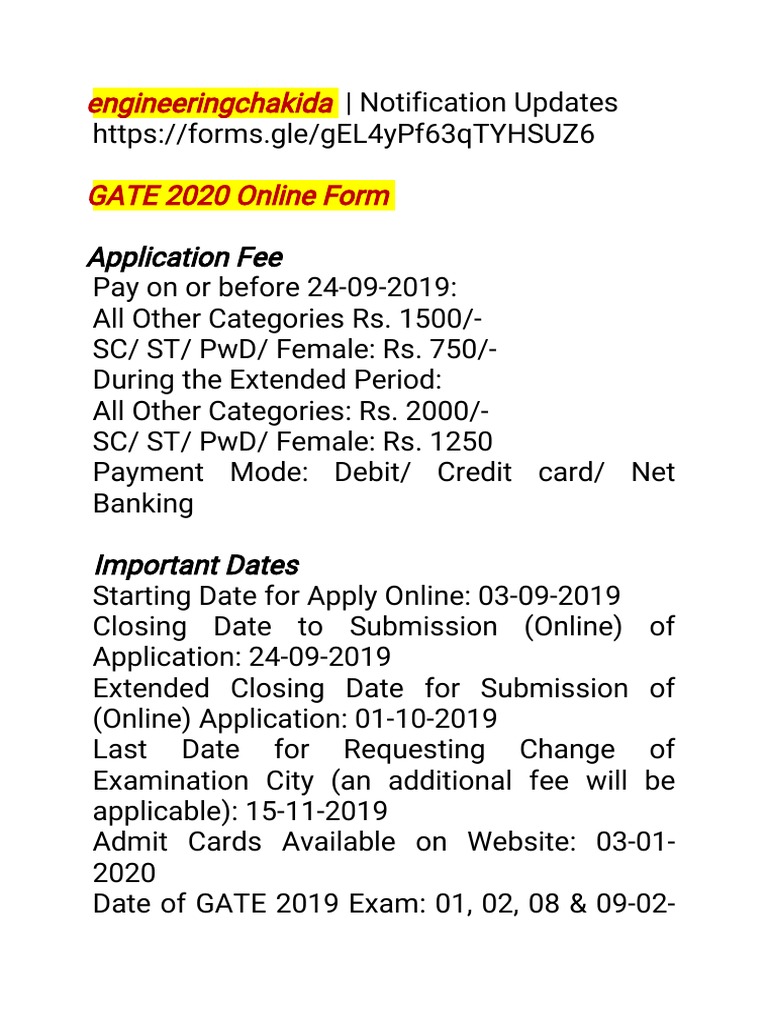 GATE 2020 Exam Notification Details | PDF