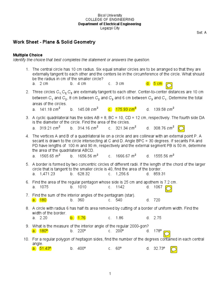 Plane & Solid Geometry Worksheet | PDF | Area | Circle