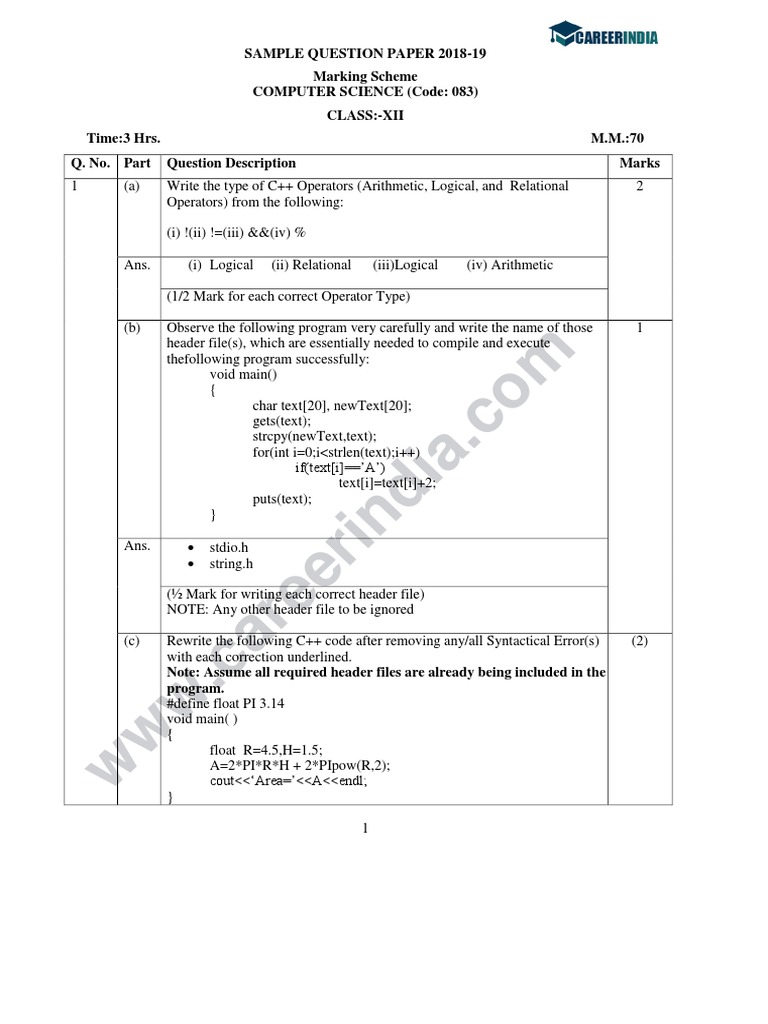 C++ Class XII Sample Question Paper | PDF | Computer Programming ...