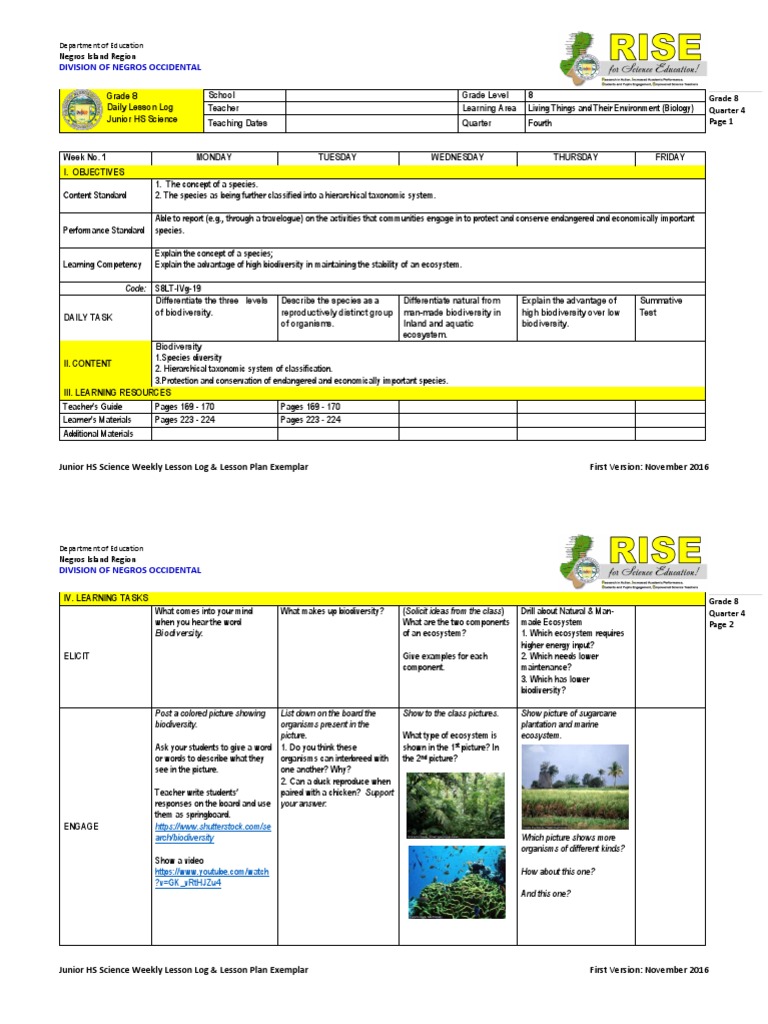 Grade 8 Biodiversity Lesson Plan | PDF | Biodiversity | Species