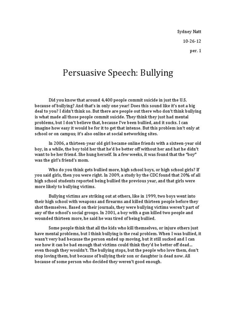 persuasive speech example about bullying