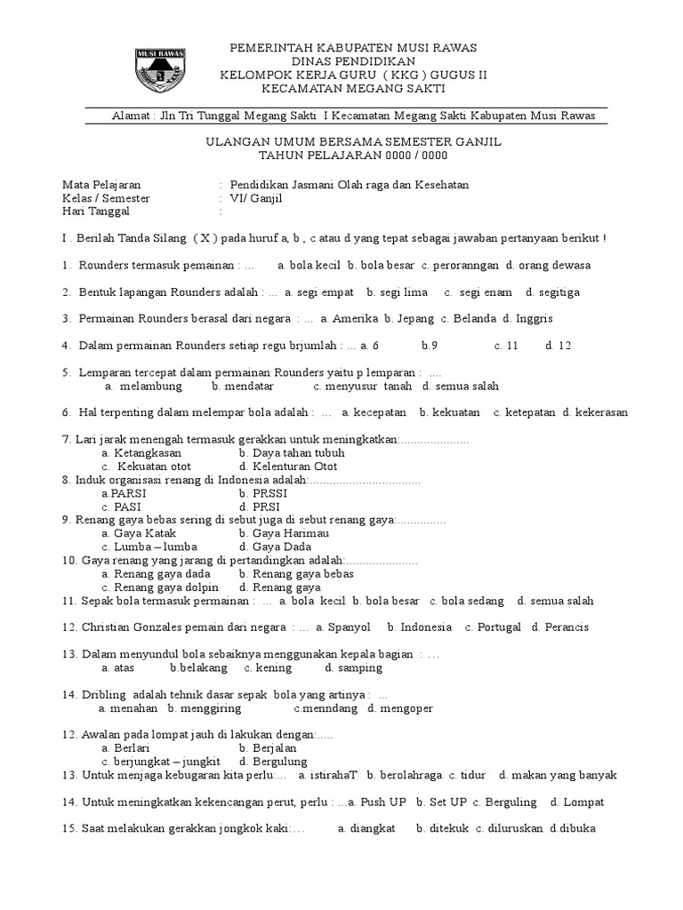 Soal Penjas Sd Kls 1 2 3 4 5 6 Smt Gjl 1 Doc