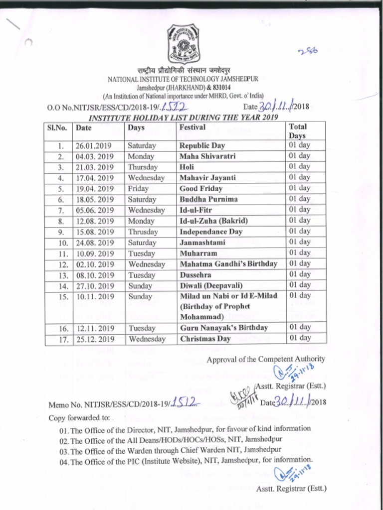 Nit Jamshedpur Holidays PDF