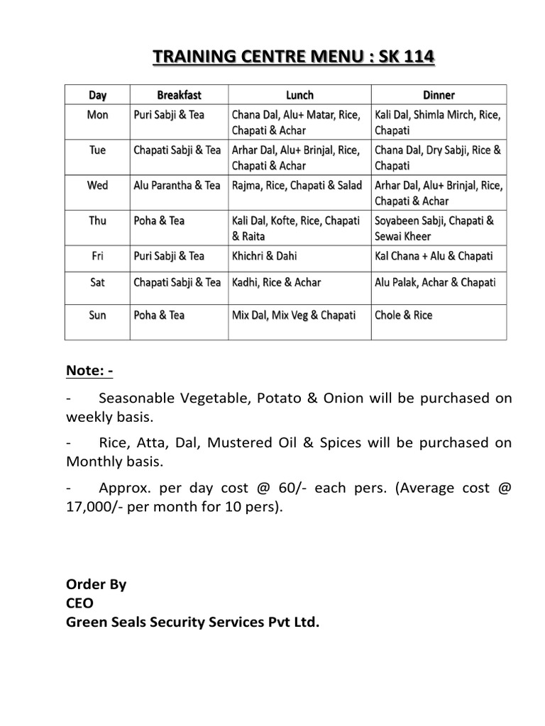 Training Centre Menu and Purchase Plan | PDF | Cooking, Food & Wine ...